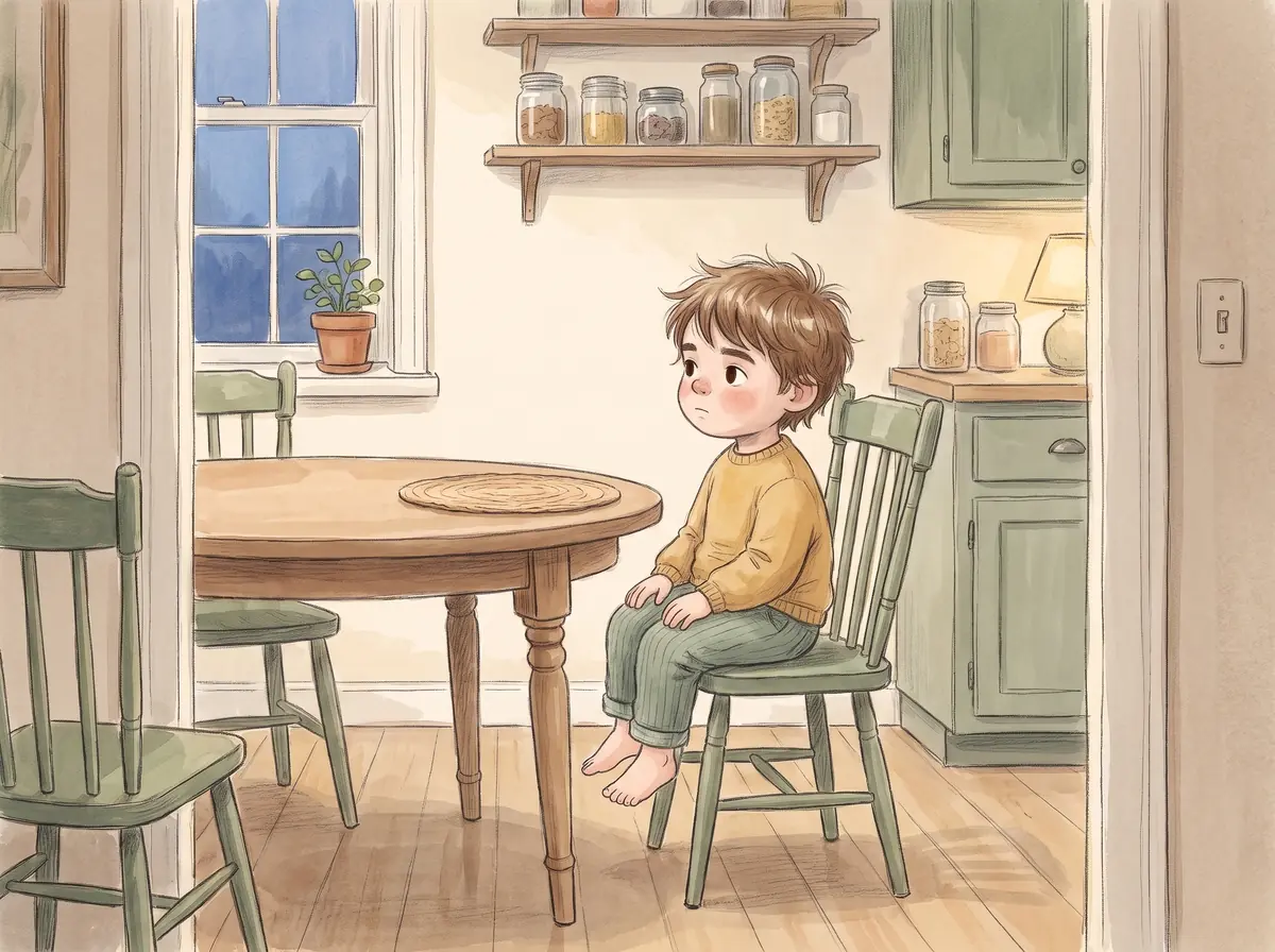 A small boy sitting alone at a round kitchen table in the early evening, bare feet swinging well above the floor, an empty placemat in front of him.