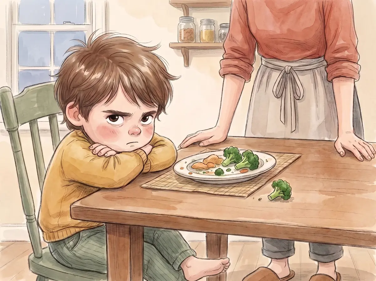 The boy with both arms folded hard across his chest and his chin tucked down, the plate shoved away from him, a broccoli floret rolled off onto the table.